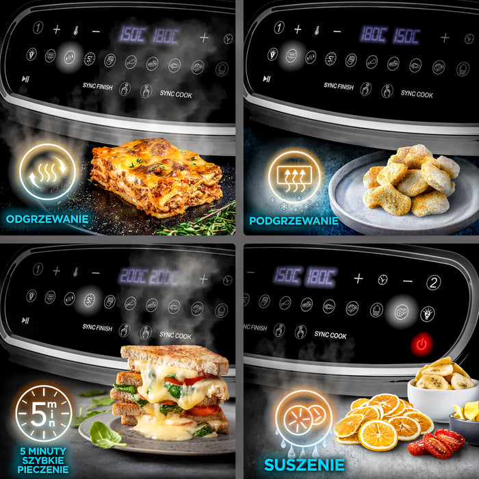 Duronic AF24 BK Airfryer Frytkownica duża 2 duo wiele funkcji takich jak: odgrzewanie, podgrzewanie, szybkie pieczenie, suszenie warzyw i owoców
