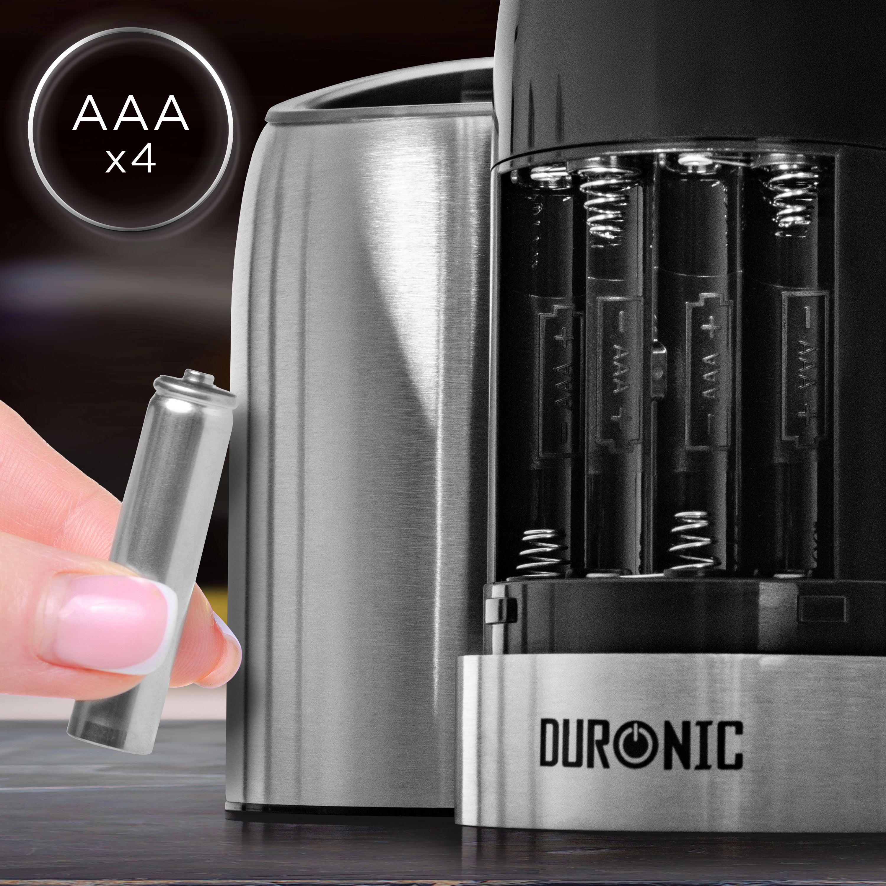 Duronic EMB1 Automatyczny elektryczny młynek do soli i pieprzu 150 ml grawitacyjny młynek do przypraw z LED z regulacją mielenia, zasilanie 4x AAA solniczka pieprzniczka