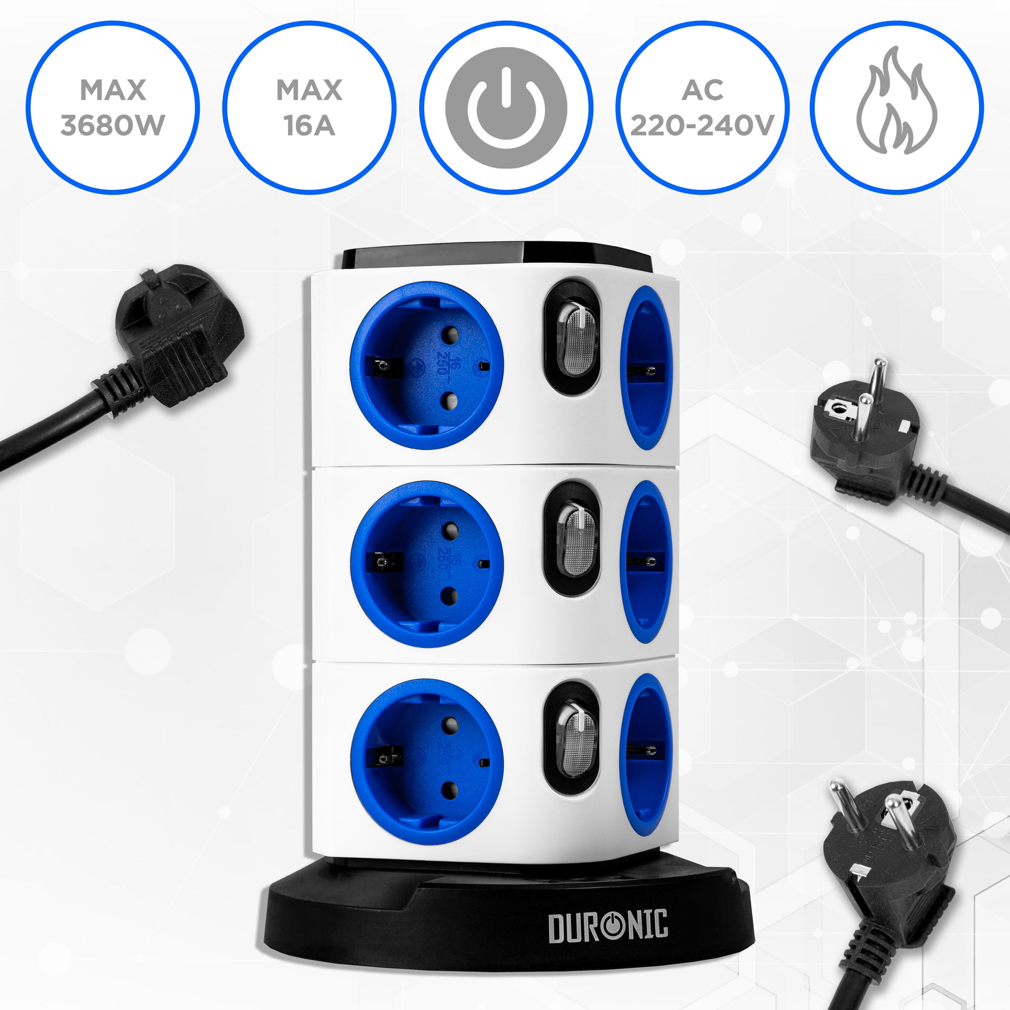 Duronic ET12L Listwa zasilająca biała pionowa wielogniazdowa 12 wejść 3x USB 1,8m długości przedłużacz pionowy lampka nocna podświetlenie