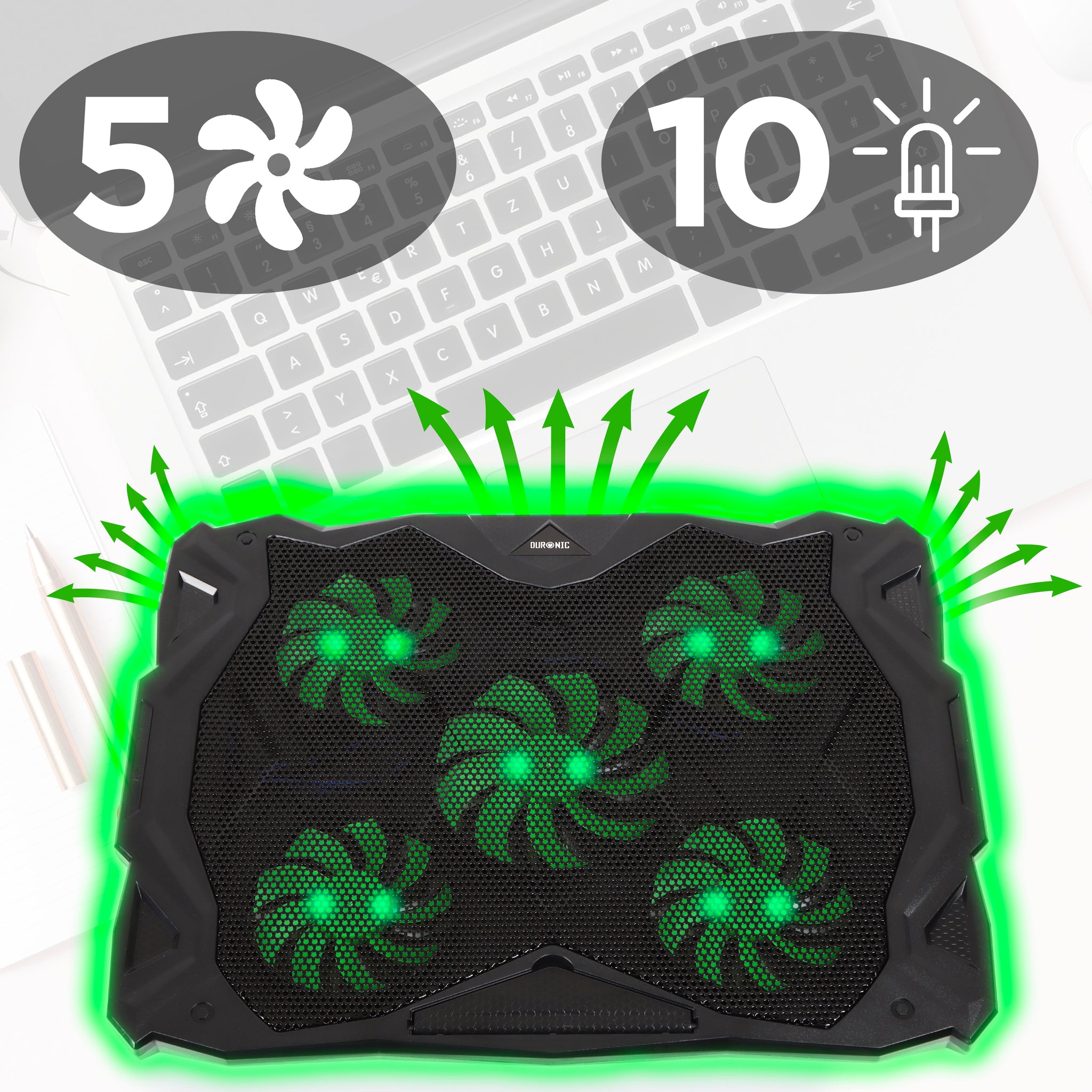 Duronic LC1 Podkładka chłodząca do laptopa 30 x 39,7 cm | podstawka pod laptop z LED, 5 wentylatorów | regulacja wysokości i prędkości | 2x port USB
