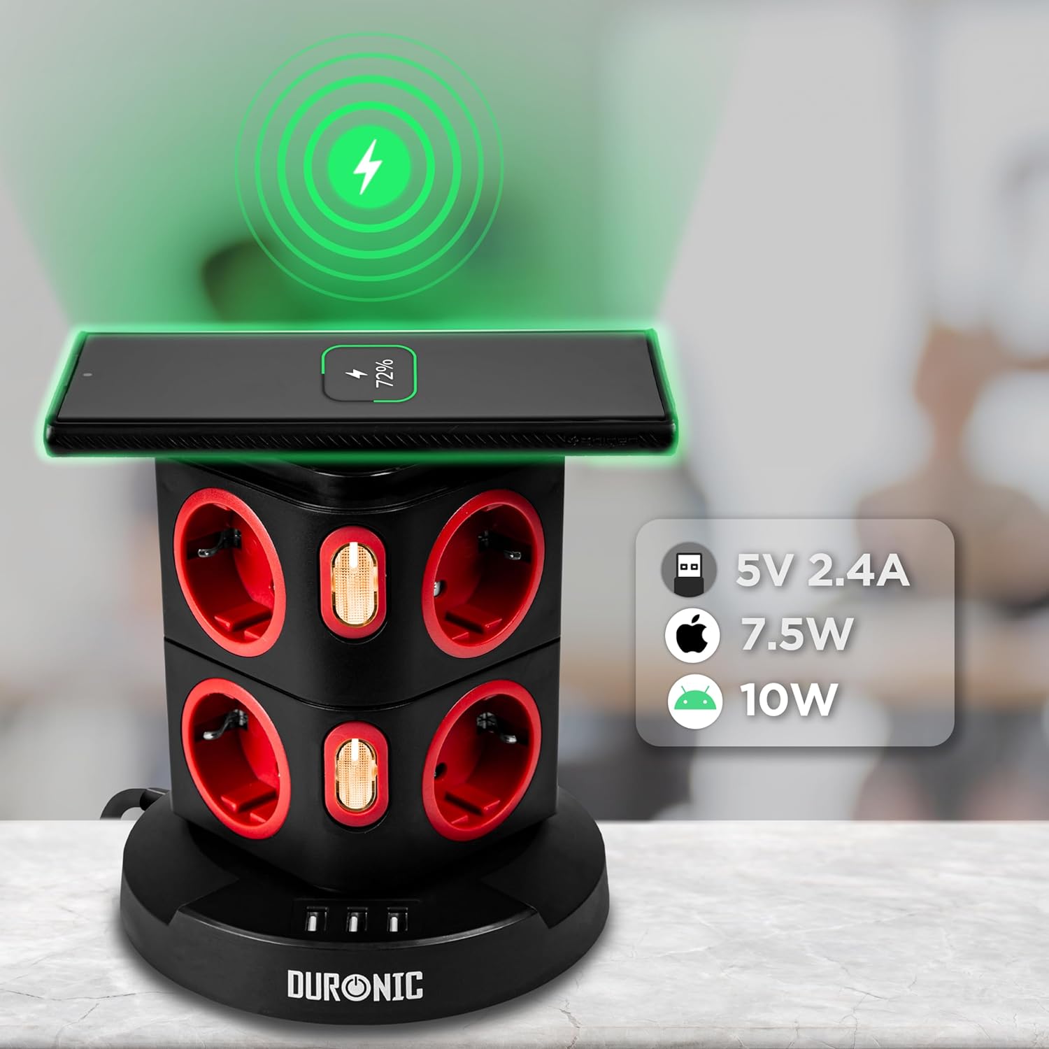 Duronic ET8W Listwa zasilająca czarna pionowa wielogniazdowa 8 wejść 3x USB 1,8m długości przedłużacz pionowy z bezprzewodową ładowarką do telefonu ładowarka indukcyjna