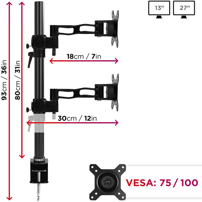 Duronic DM35V2X2 Uchwyt dwa monitory pionowo 2 x 8 VESA 75 lub 100 do 8 kg na ramię monitory 13-27 cali czarny