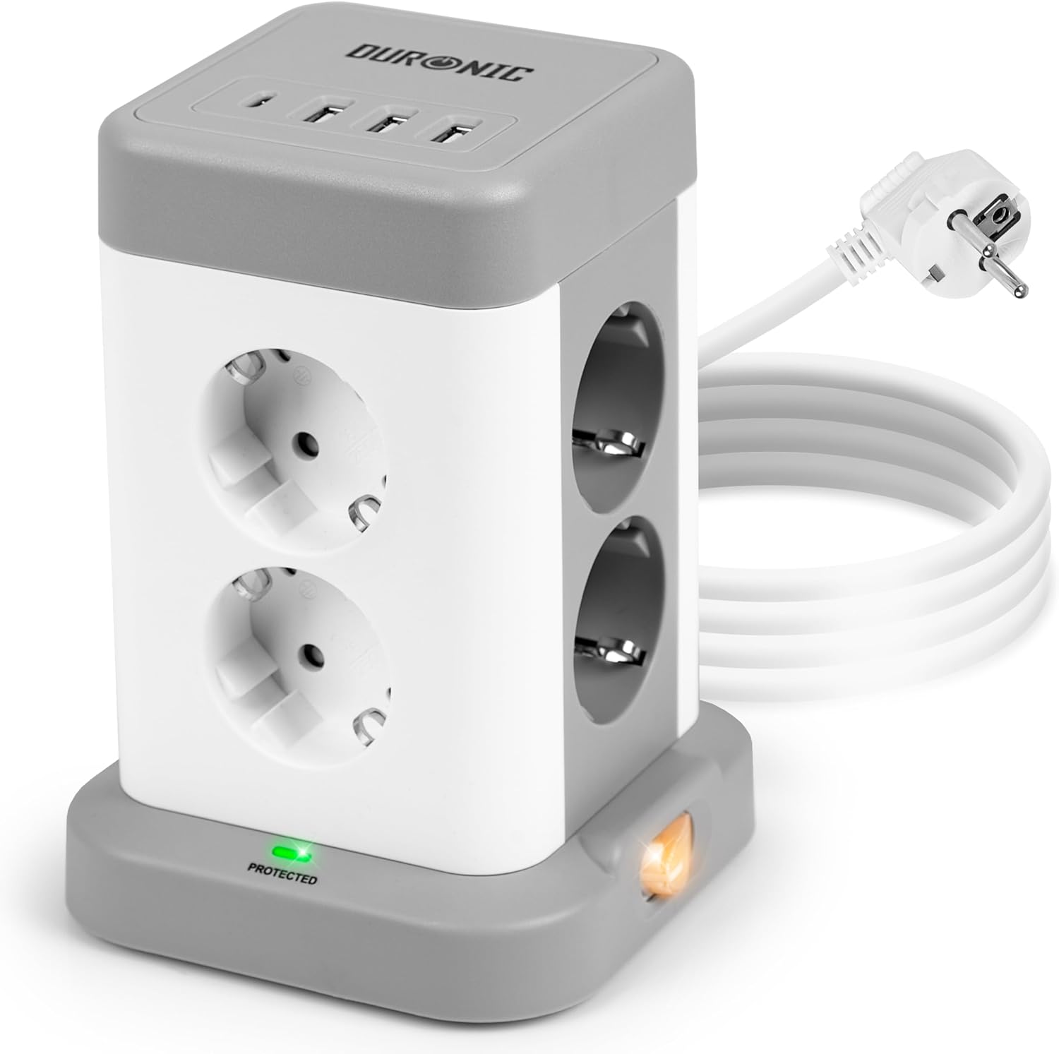 Duronic ET8C Listwa zasilająca biała pionowa 13A 3680W wielogniazdowa 8 wejść gniazd 3x USB 1x USB C 1,8m długości przedłużacz pionowy lampka nocna podświetlenie włącznik z lampką kontrolną