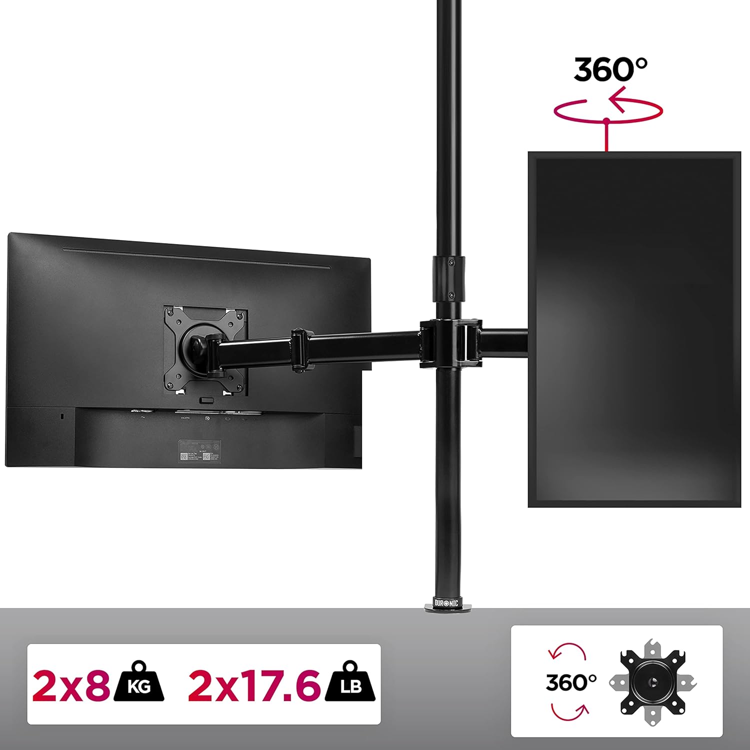 Duronic DMT252 Uchwyt na dwa monitory poziomo 2 x 8kg | monitory 13-27 cali | VESA 75 lub 100 | długi słupek 100 cm | do monitorów ultrawide | regulacja kąta +90°/-35°