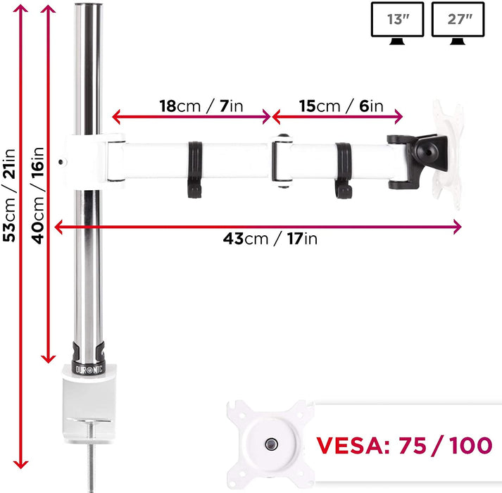 Duronic DM251X3 WE Uchwyt do monitora biały do 8kg | VESA 75 lub 100 |wieszak ramię| maks. 8 kg |stojak| regulacja monitora