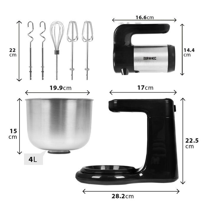 Duronic SM3 Mikser ręczny lub stojący z misą 2 w 1 | robot kuchenny | łatwy w przechowywaniu | z funkcją turbo i stojakiem do przechowywania | misa 4L | 300W | blokada