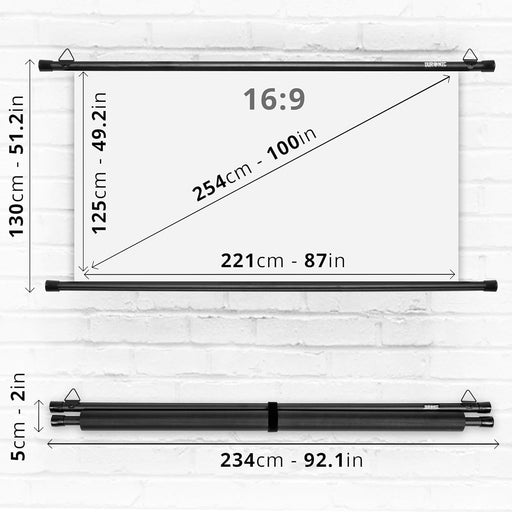 Duronic BPS100 16/9 Ekran projekcyjny 100 cali 16:9 ścienny 221 x 125 cm w technologii Matt White | współczynnik odbicia +1G | zwijany ręcznie | mata do rzutnika do powieszenia na ścianie