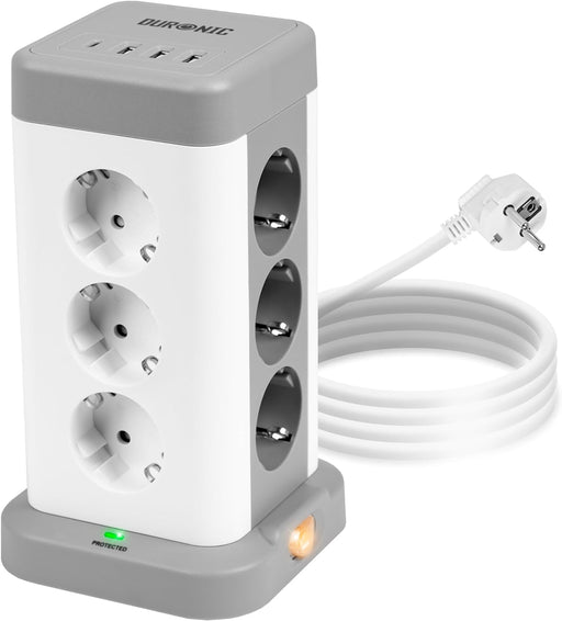 Duronic ET12C Listwa zasilająca biała pionowa 13A 3680W wielogniazdowa 12 wejść gniazd 3x USB 1x USB C 1,8m długości przedłużacz pionowy lampka nocna podświetlenie włącznik z lampką kontrolną