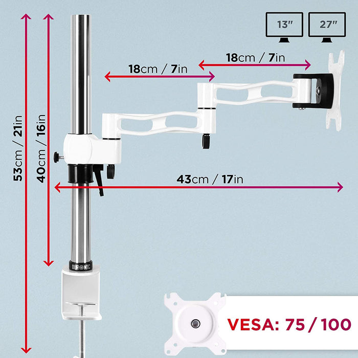 Duronic DM351X3 WE Uchwyt do monitora ekranu biały VESA 75 lub 100  Harmonijkowy wieszak ramię maks. 10 kg na jeden ekran stojak regulacja monitora stop aluminium