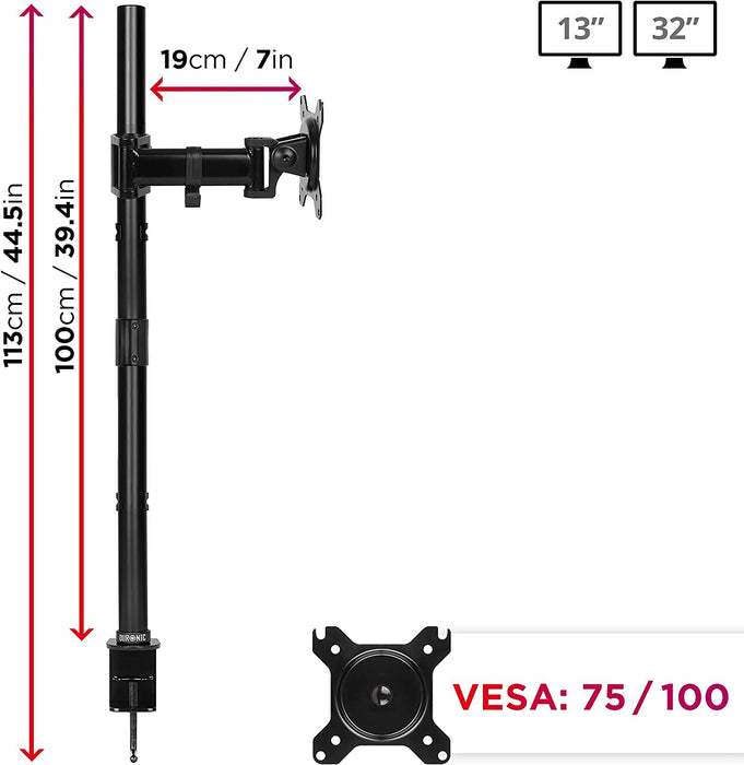 Duronic DMT251X2 Uchwyt na jeden monitor 2 x 8 kg | monitory 13-32 cali | VESA 75 lub 100 | długi słupek 100 cm | do monitorów ultrawide