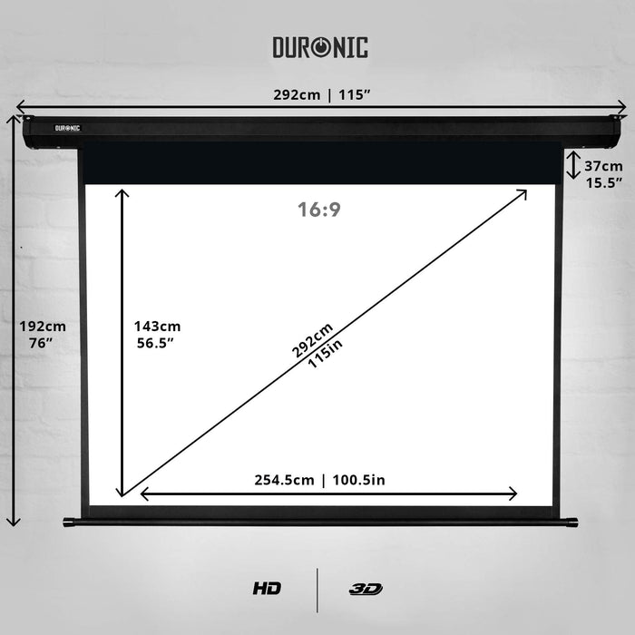 Duronic EPS115 16:9 Ekran elektryczny pilot 254,5 x 143 | sala konferencyjna | kino domowe | mata projekcyjna