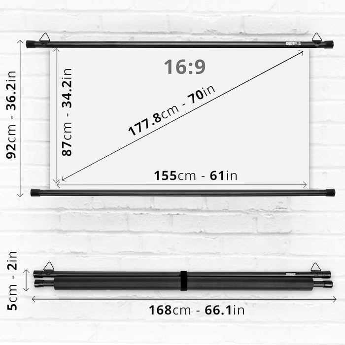 Duronic BPS70 16/9 Ekran projekcyjny 16:9 ścienny 70 cali 155 x 87 cm w technologii Matt White | współczynnik odbicia +1G | zwijany ręcznie | mata do rzutnika do powieszenia na ścianie | kino w domu