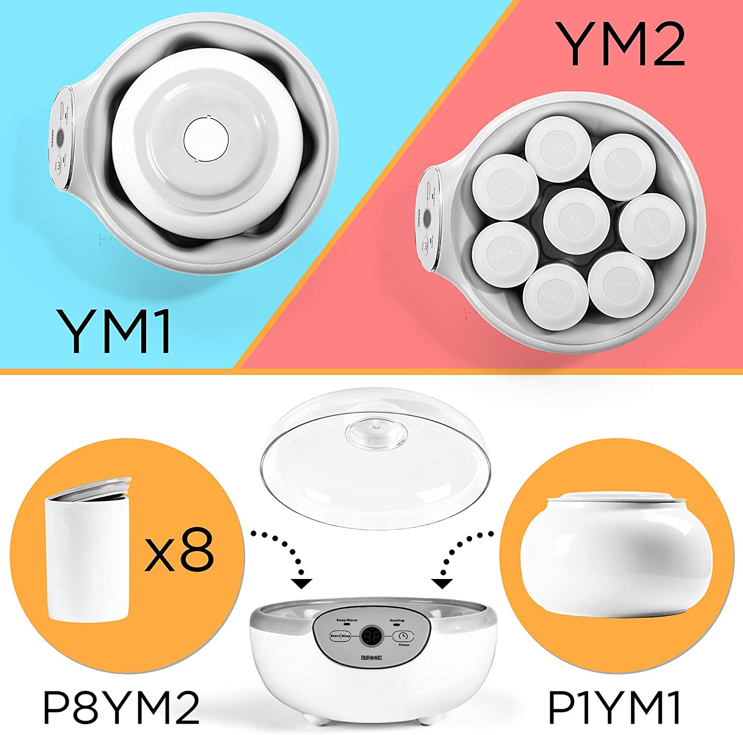 Duronic P8YM2 Ceramiczne pojemniczki do jogurtów 8 sztuk jogurtownica YM1 i YM2