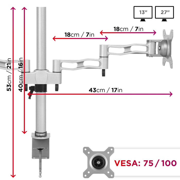 Duronic DM352 SR Uchwyt do dwóch monitorów srebrny | VESA 75 lub 100| harmonijkowy| wieszak ramię | maks. 8 kg | na 2 monitory |stojak | regulacja monitora | stop aluminium | srebrny