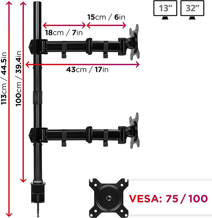 Duronic DMT252VX2 Uchwyt na dwa monitory pionowo 2 x 8kg | monitory 13-32 cali | VESA 75 lub 100 | długi słupek 100 cm | do monitorów ultrawide | regulacja kąta +90°/-35°