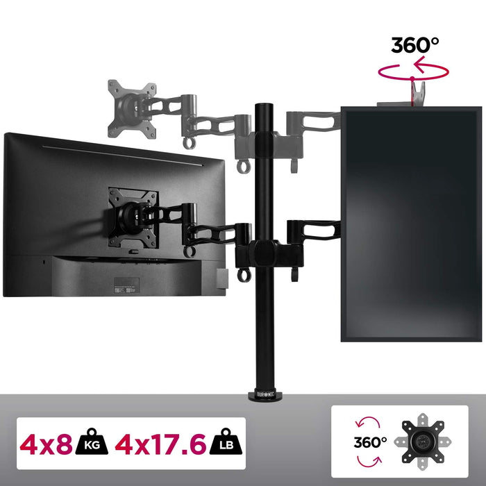 Duronic DM354 Uchwyt czterech monitorów 4 ekrany VESA 75 lub 100 uchwyt biurkowy 4 x 8 kg regulacja monitora możliwość rozbudowy