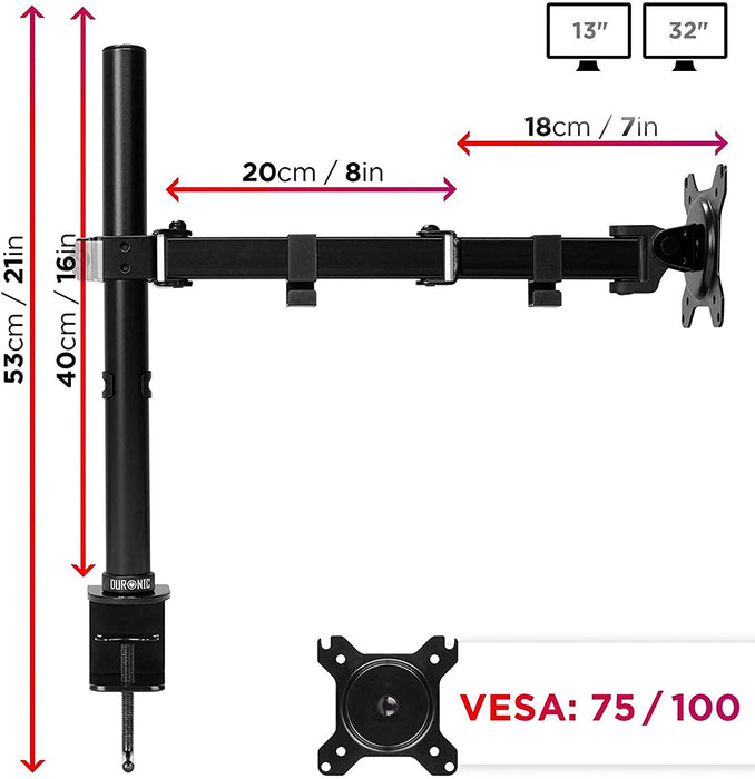 Duronic DM151X3 Uchwyt do jednego monitora do 8 kg | VESA 75 lub 100  wieszak do ekranu, regulacja monitora, 13- 27 cali