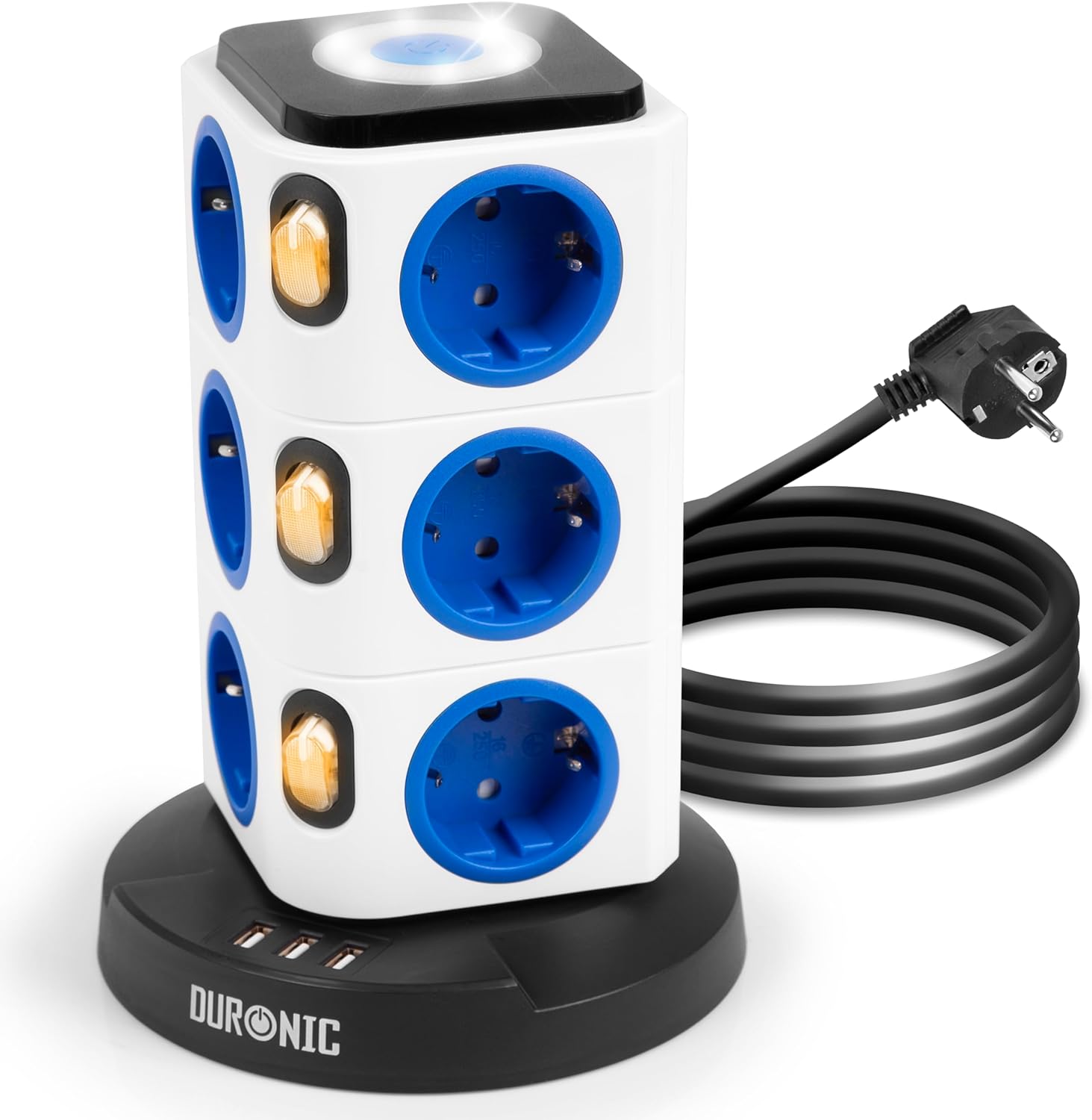 Duronic ET12L Listwa zasilająca biała pionowa wielogniazdowa 12 wejść 3x USB 1,8m długości przedłużacz pionowy lampka nocna podświetlenie