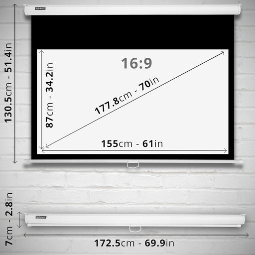 Duronic MPS70 16/9 WE Ekran projekcyjny biały półautomatyczny 70 cali proporcje 16:9 | mata do projektora  87 x 155 cm zwijana do kasety 70" | matt whitte | współczynnik odbicia +1G | kino w domu