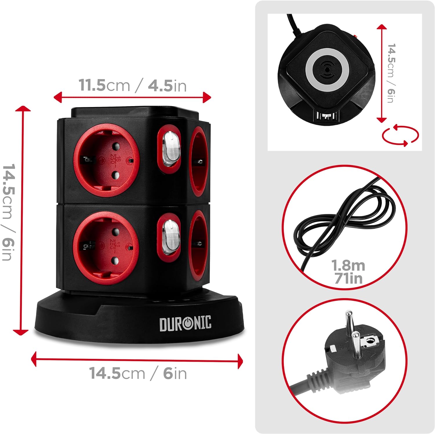Duronic ET8W Listwa zasilająca czarna pionowa wielogniazdowa 8 wejść 3x USB 1,8m długości przedłużacz pionowy z bezprzewodową ładowarką do telefonu ładowarka indukcyjna