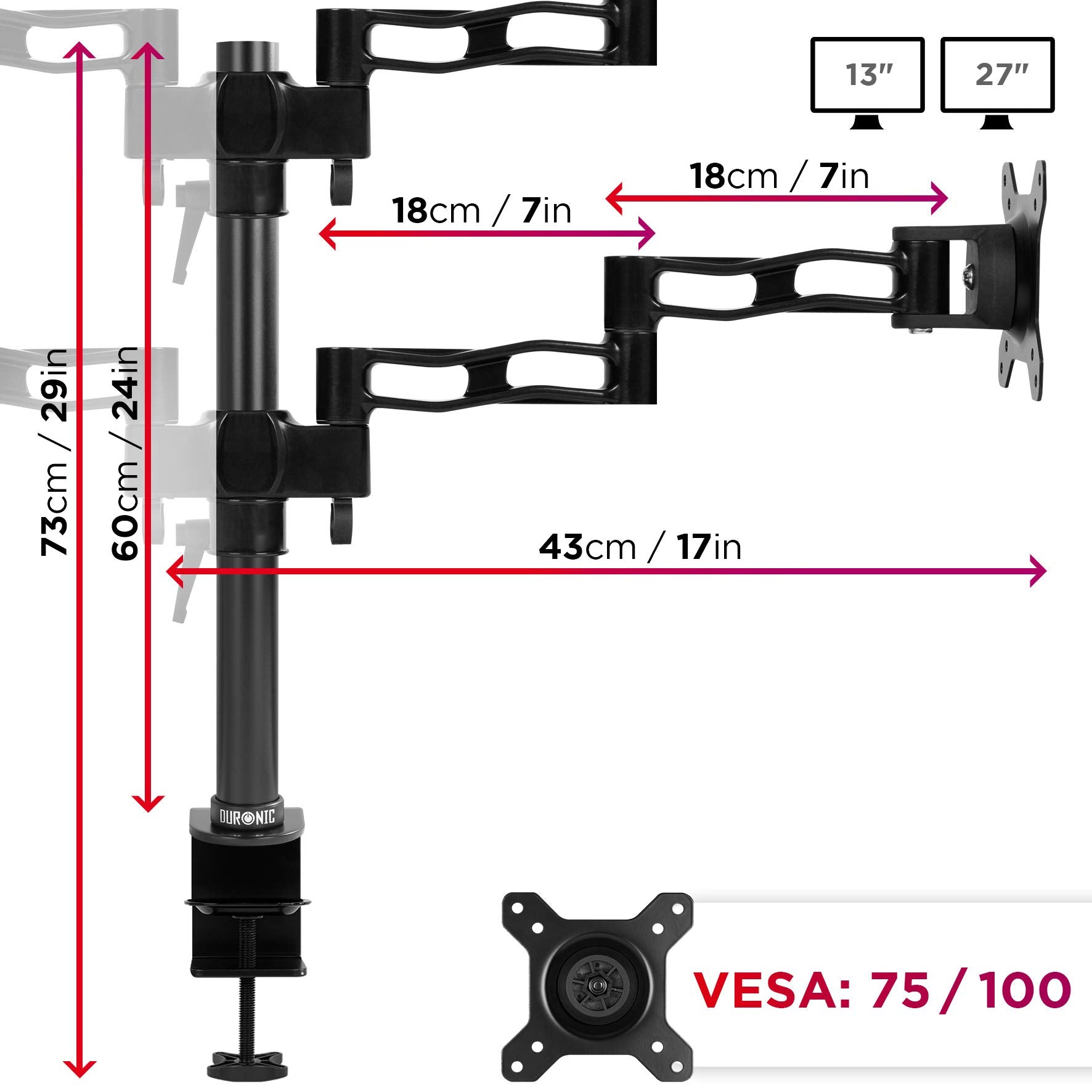 Duronic DM354 Uchwyt czterech monitorów 4 ekrany VESA 75 lub 100 uchwyt biurkowy 4 x 8 kg regulacja monitora możliwość rozbudowy