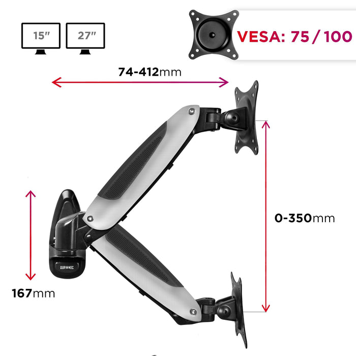 Duronic DM65W1X1 Ścienny uchwyt do monitora ściana | VESA 75 lub VESA 100 | wieszak | ramię | stojak | regulacja monitora | do uchwytów | aluminium