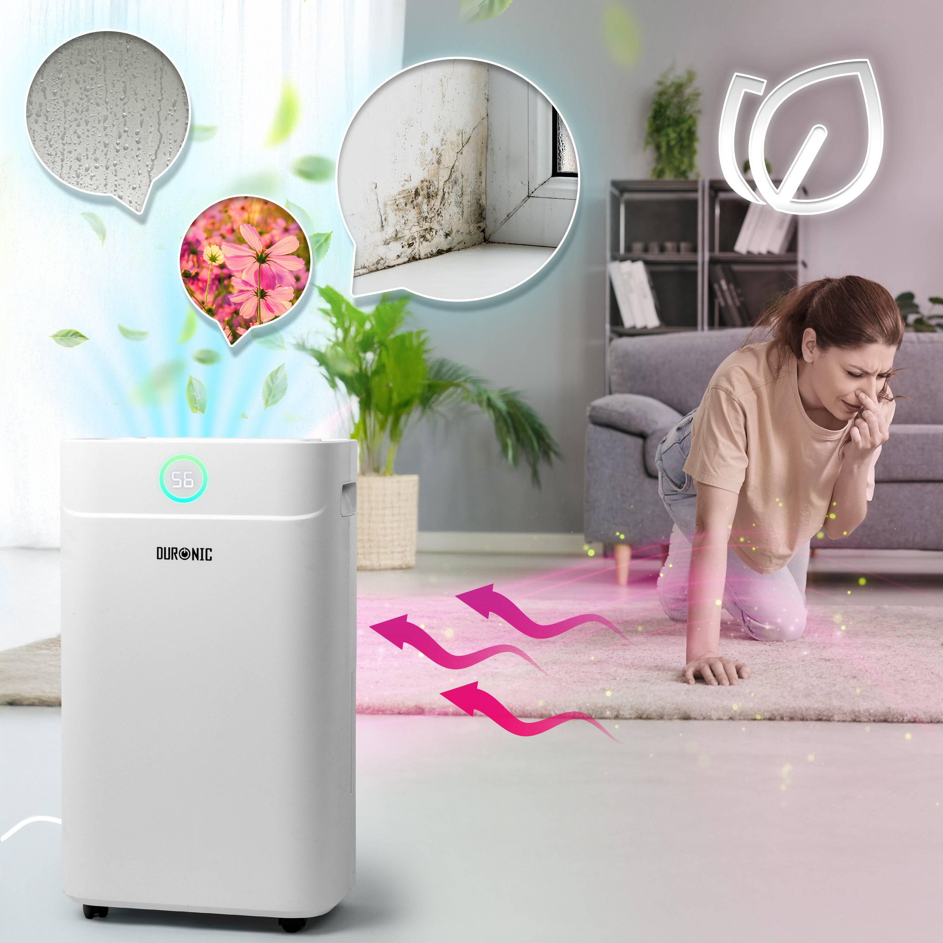 Duronic DH201 Osuszacz powietrza o mocy 440 W, do 20 litrów wody dziennie. Zbiornik na wodę o pojemności 5,1l. Pochłaniacz wilgoci zwalcza nadmierną wilgotność i zapobiega rozwojowi pleśni. Timer