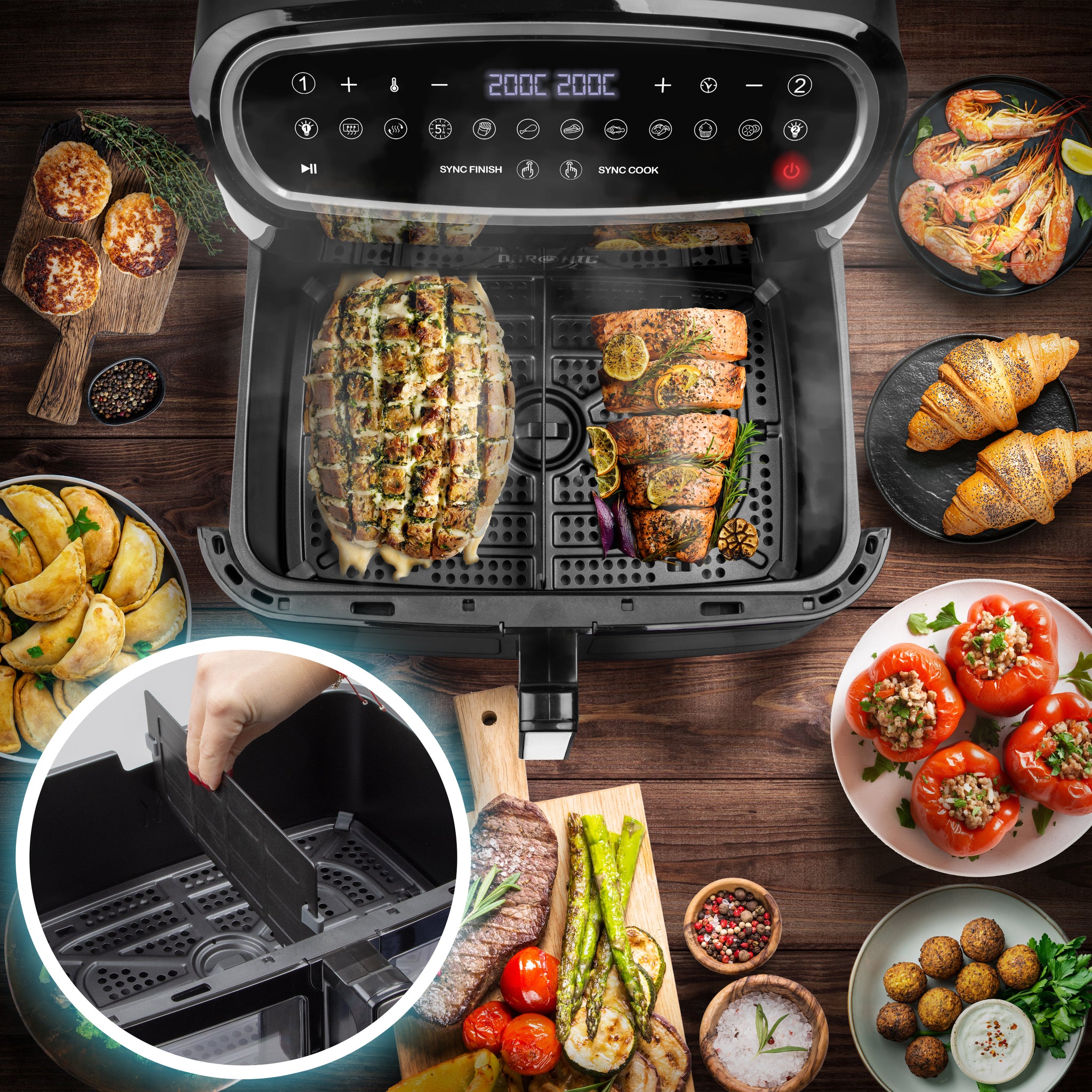 Duronic AF34 BK Airfryer XXL zestaw z AFD1 10l i dwie komory po 4,5l  | frytkownica beztłuszczowa podwójna | na gorące powietrze piekarnik | temperatura 50-200 stopni
