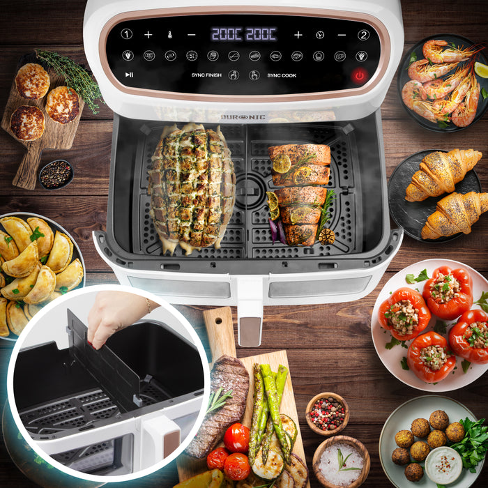 Duronic AF34 WG Air fryer XXL z AFD1 duża komora 10l i 2x po 5l | frytkownica beztłuszczowa dwukomorowa na gorące powietrze | wielofunkcyjna | biała