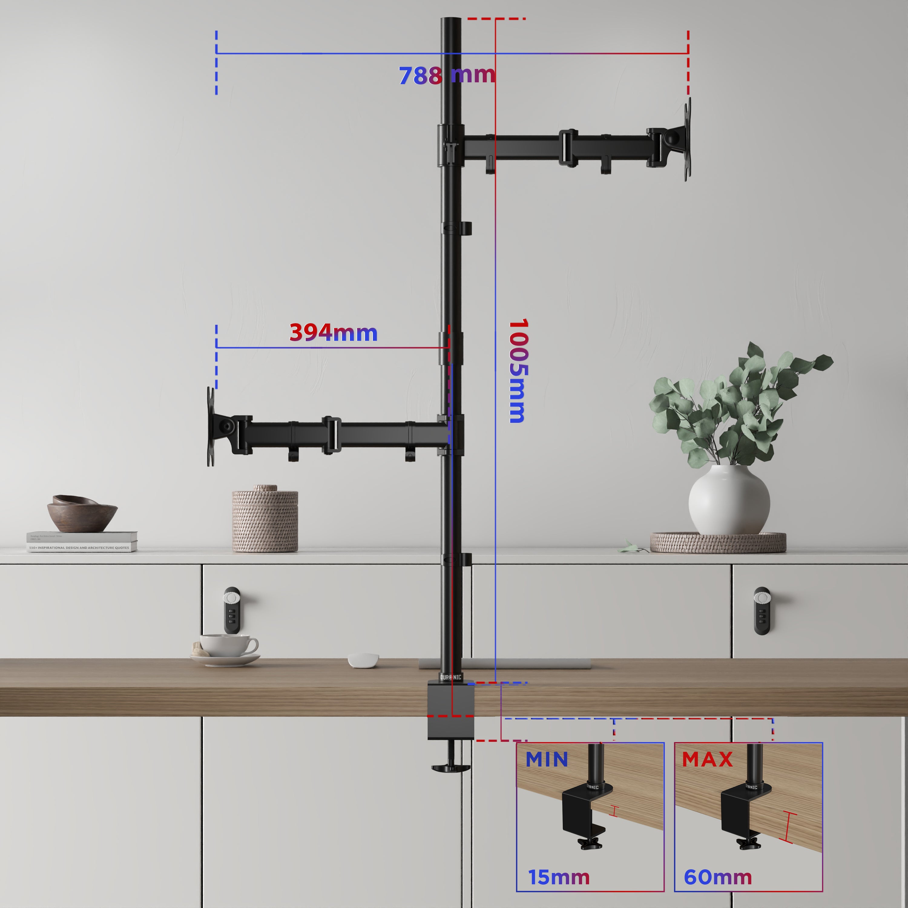 Duronic DMT252VX2 Uchwyt na dwa monitory pionowo 2 x 8kg | monitory 13-32 cali | VESA 75 lub 100 | długi słupek 100 cm | do monitorów ultrawide | regulacja kąta +90°/-35°