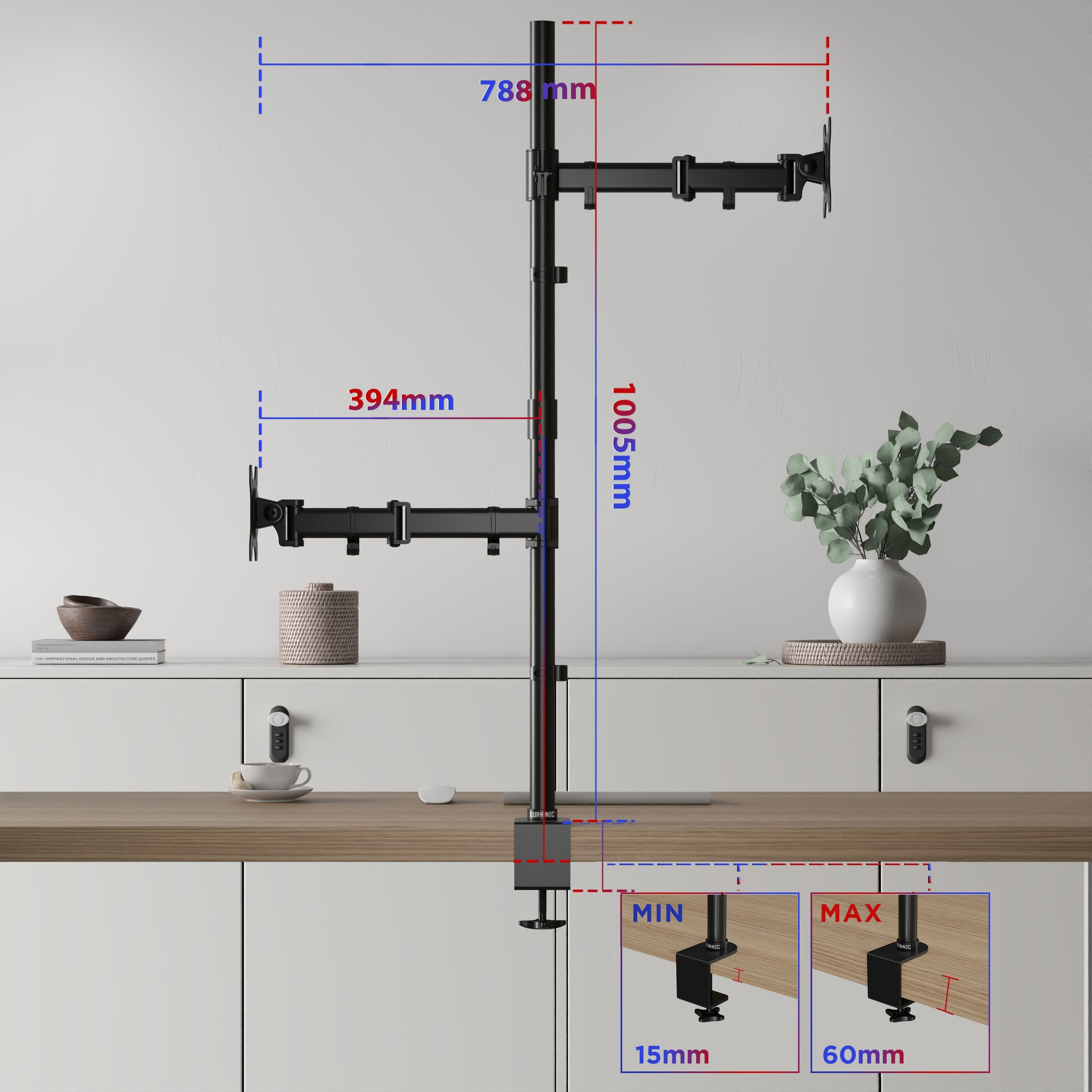 Duronic DMT252VX2 Uchwyt na dwa monitory pionowo 2 x 8kg | monitory 13-32 cali | VESA 75 lub 100 | długi słupek 100 cm | do monitorów ultrawide | regulacja kąta +90°/-35°