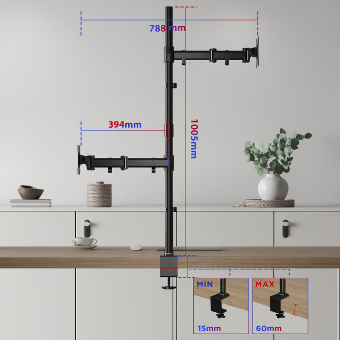 Duronic DMT252VX2 Uchwyt na dwa monitory pionowo 2 x 8kg | monitory 13-32 cali | VESA 75 lub 100 | długi słupek 100 cm | do monitorów ultrawide | regulacja kąta +90°/-35°