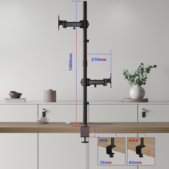 Duronic DMT252VX1 Uchwyt na dwa monitory pionowo 2 x 8kg | monitory 13-32 cale | VESA 75 100 | długi słupek 100 cm | do 2 monitorów | regulacja kąta