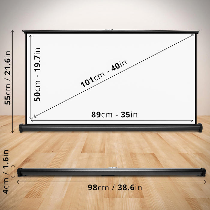 Duronic DPS40 16/9 Ekran projekcyjny 40 cali 89 x 50 cm z wbudowanym statywem | wolnostojący i przenośny | współczynnik odbicia +1G technologia Matt White | ekran do projektora na blat