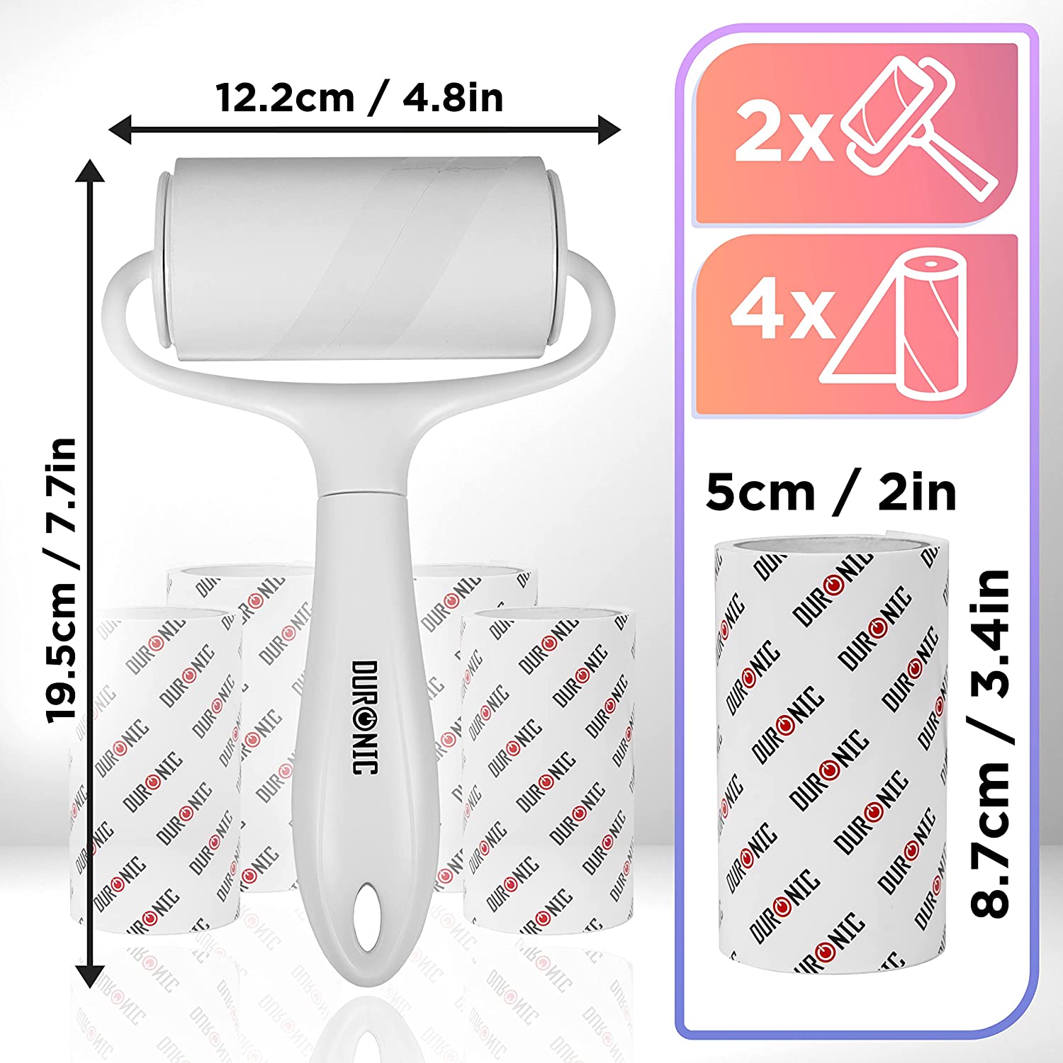 Duronic ROLL2X4 - dwie rolki wałki ręczne do ubrań i 2 wkłady Duronic | 60 listków na 1 rolkę | do usuwania kłaczków z tkanin i odzieży, usuwają sierść zwierząt, kurz, kłaczki z dywanu i tapicerki