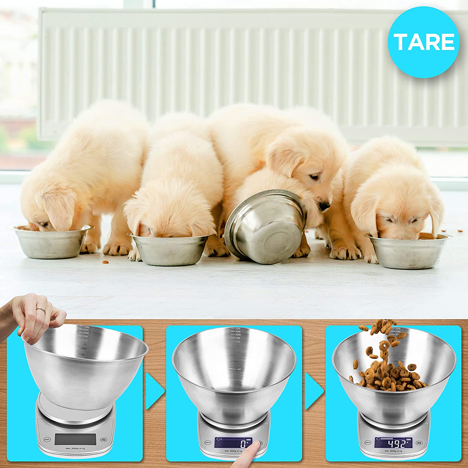 KS5000 SR/SS Cyfrowa waga kuchenna srebrna do 5 kg z 2,5 l misą ze stali nierdzewnej | waga elektroniczna z bateriami w zestawie