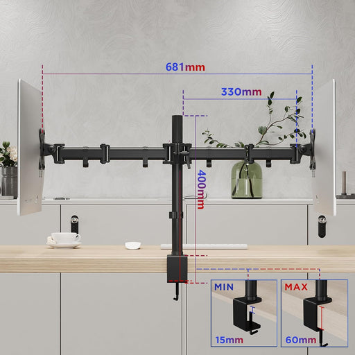 Duronic DM252 BK Uchwyt do dwóch monitorów 2 ekrany | VESA 75 VESA 100 | wieszak ramię | maks. 8 kg na jeden ekran | stojak 2 monitory | stalowy | regulacja monitora