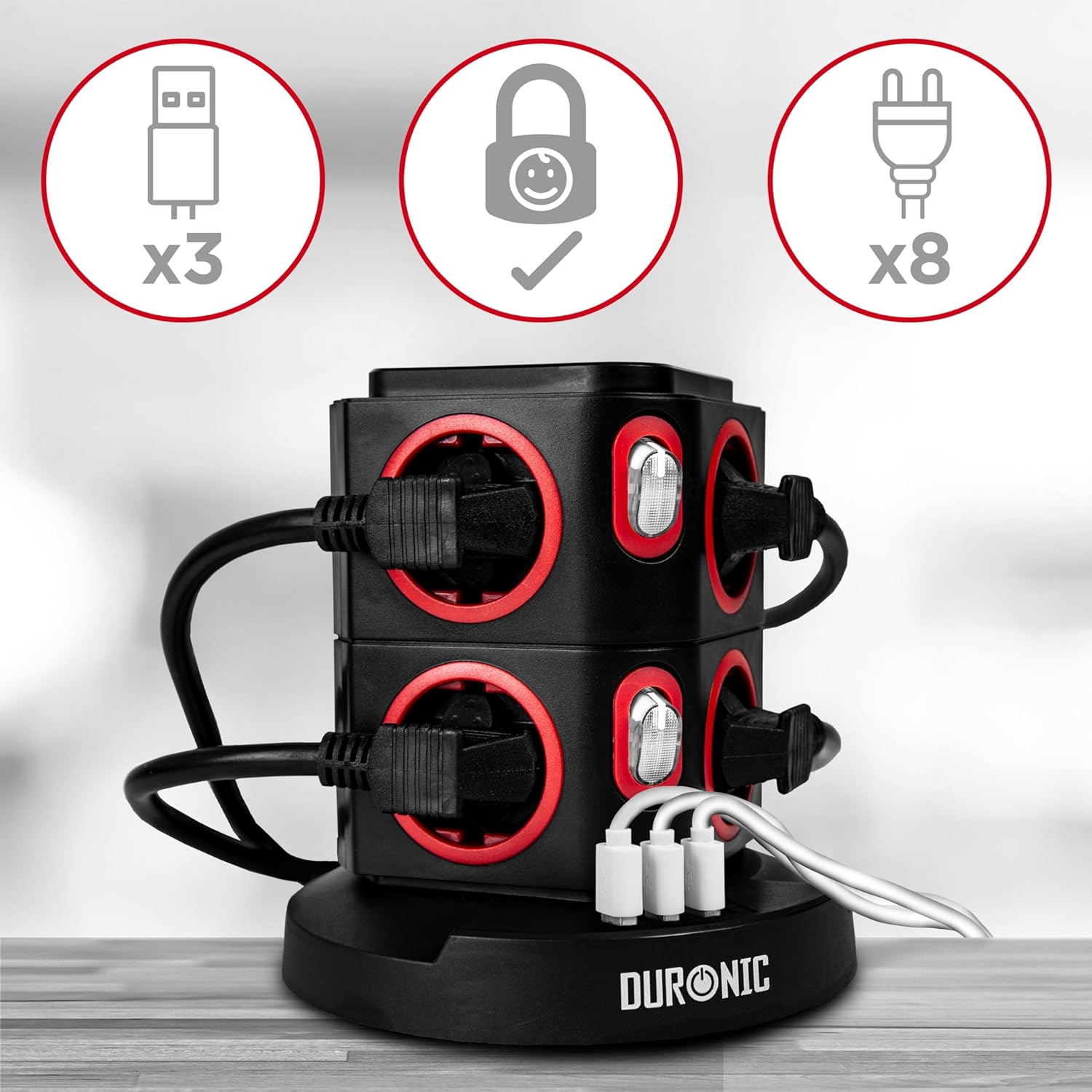 Duronic ET8W Listwa zasilająca czarna pionowa wielogniazdowa 8 wejść 3x USB 1,8m długości przedłużacz pionowy z bezprzewodową ładowarką do telefonu ładowarka indukcyjna