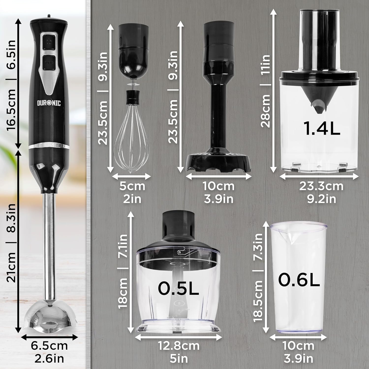 Duronic HB35 Elektryczny blender ręczny imersyjny do zup smoothie koktajli trzepaczka do jajek mikser z blenderem spiralizer do warzyw szatkownica
