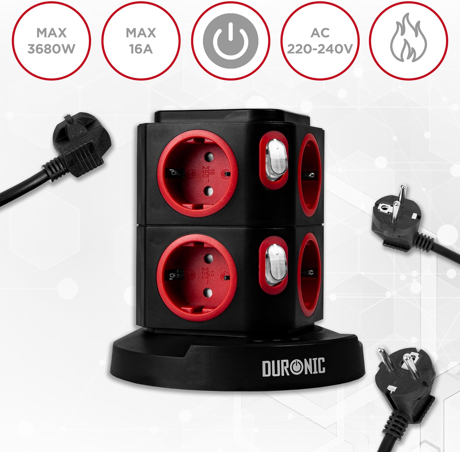 Duronic ET8W Listwa zasilająca czarna pionowa wielogniazdowa 8 wejść 3x USB 1,8m długości przedłużacz pionowy z bezprzewodową ładowarką do telefonu ładowarka indukcyjna