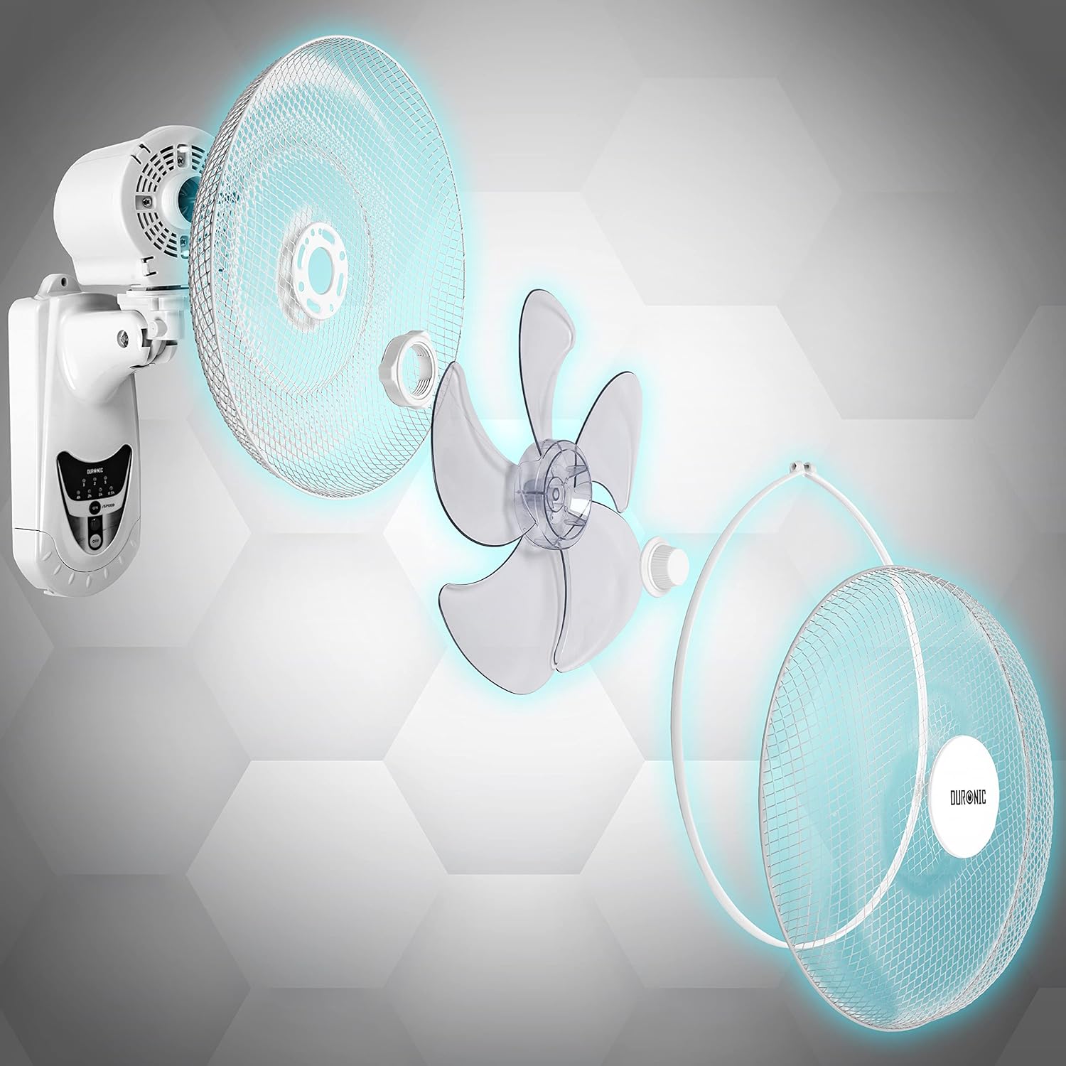 Duronic FN55 WE Wentylator ścienny z pilotem 60W biały głowica o średnicy 45 cm | programator czasowy do 7,5 godz. | Łatwy montaż i demontaż | 3 poziomy prędkości i oscylacja | regulacja kąta głowicy