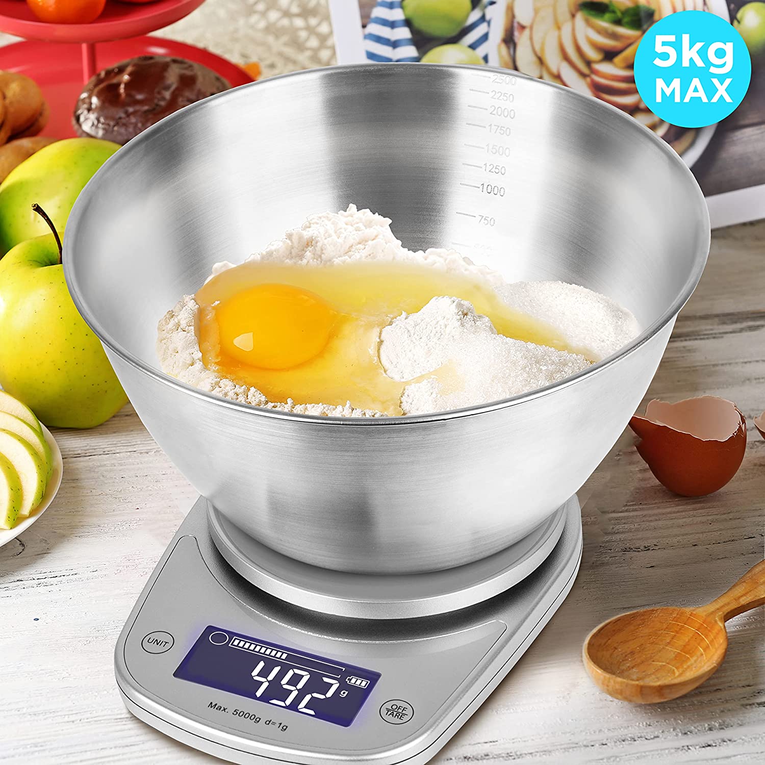 KS5000 SR/SS Cyfrowa waga kuchenna srebrna do 5 kg z 2,5 l misą ze stali nierdzewnej | waga elektroniczna z bateriami w zestawie