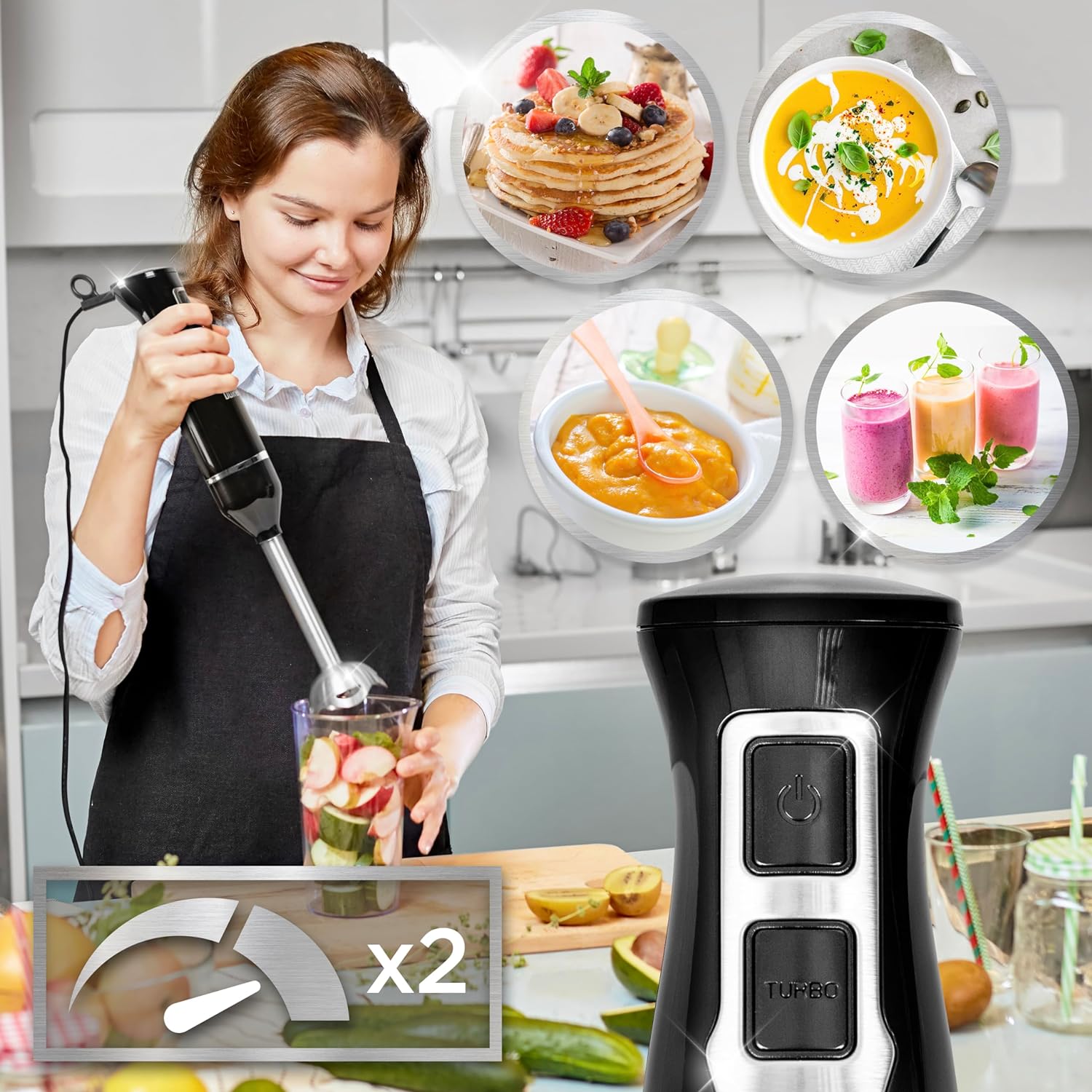 Duronic HB35 Elektryczny blender ręczny imersyjny do zup smoothie koktajli trzepaczka do jajek mikser z blenderem spiralizer do warzyw szatkownica