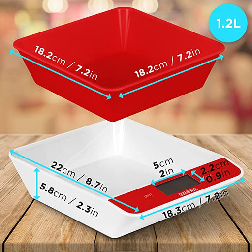 Duronic KS100 RD Elektroniczna waga kuchenna do 5kg  czerwono - biała cyfrowy wyświetlacz waga z misą