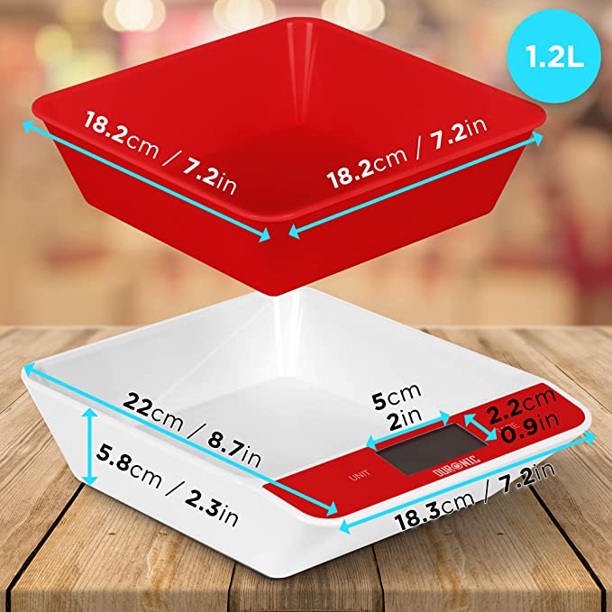 Duronic KS100 RD Elektroniczna waga kuchenna do 5kg  czerwono - biała cyfrowy wyświetlacz waga z misą