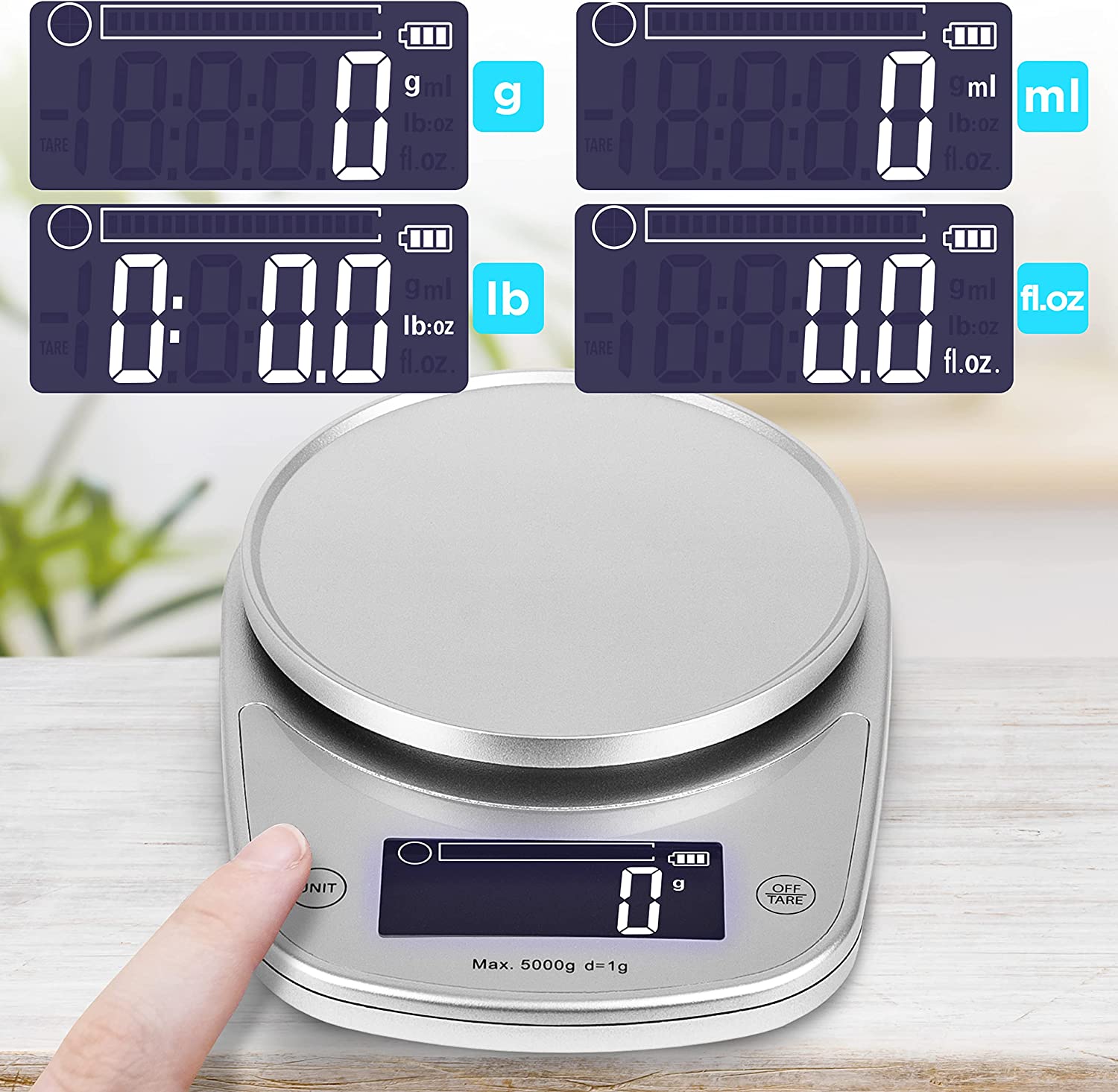 KS5000 SR/SS Cyfrowa waga kuchenna srebrna do 5 kg z 2,5 l misą ze stali nierdzewnej | waga elektroniczna z bateriami w zestawie
