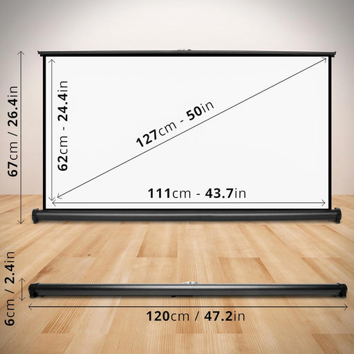 Duronic DPS50 16/9 Ekran projekcyjny 50 cali 111 x 62 cm z wbudowanym statywem | wolnostojący i przenośny | współczynnik odbicia +1G technologia Matt White | ekran do projektora na blat
