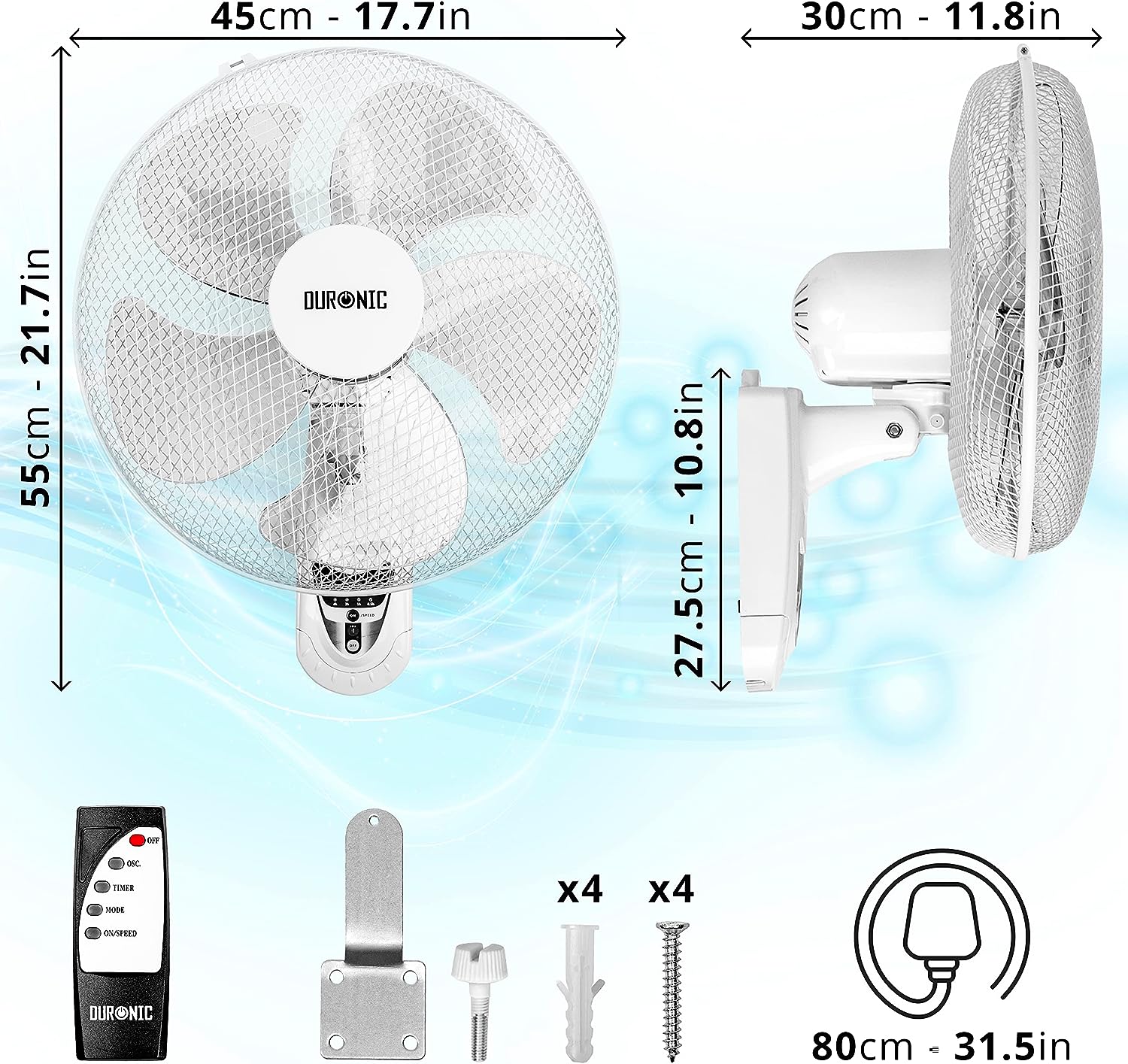 Duronic FN55 WE Wentylator ścienny z pilotem 60W biały głowica o średnicy 45 cm | programator czasowy do 7,5 godz. | Łatwy montaż i demontaż | 3 poziomy prędkości i oscylacja | regulacja kąta głowicy