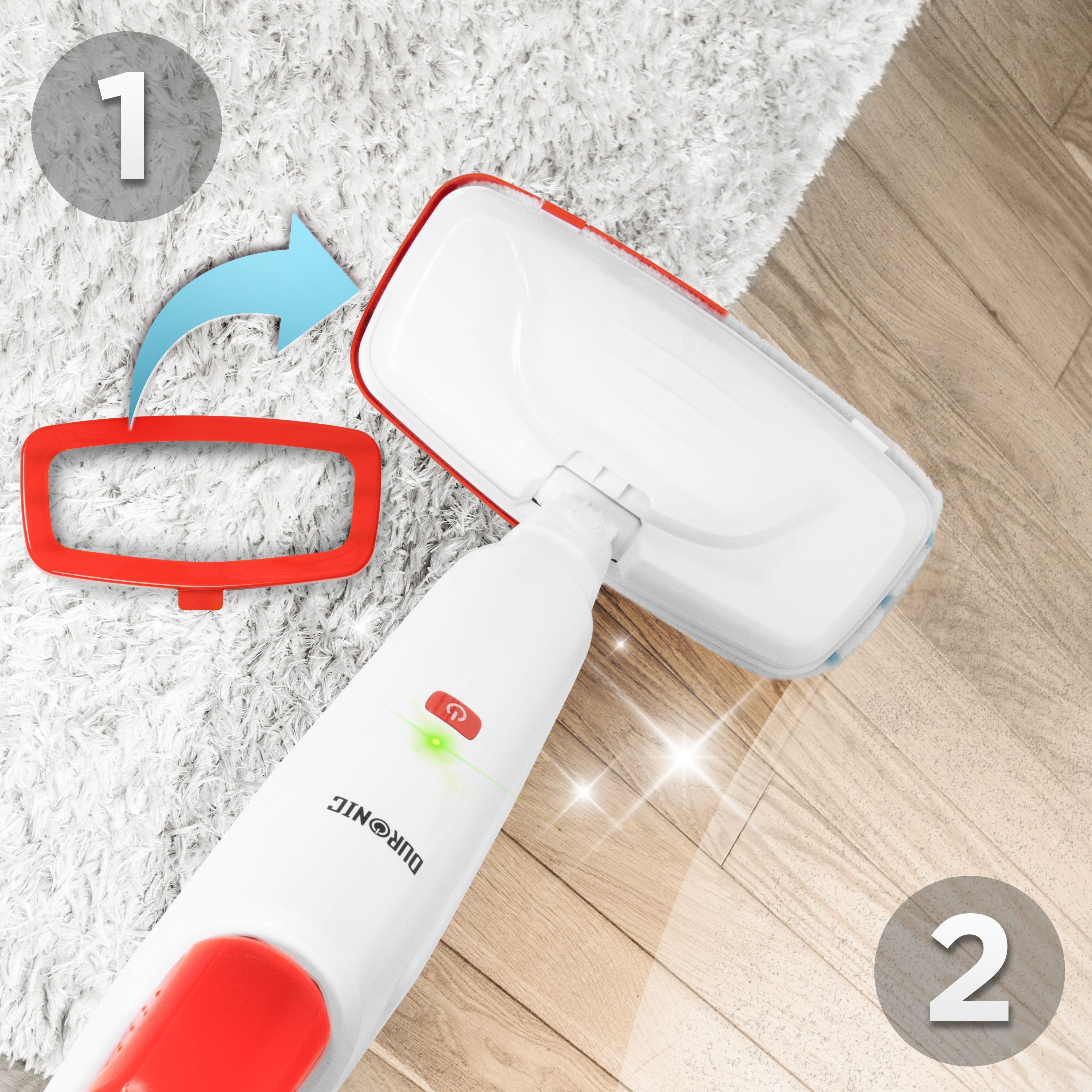 Duronic STM15 WE Elektryczny mop parowy o mocy 1500 W ze zbiornikiem 500 ml i maksymalną temperaturą 100°C do paneli, płytek, dywanów czyszczenie bez chemii. Biały