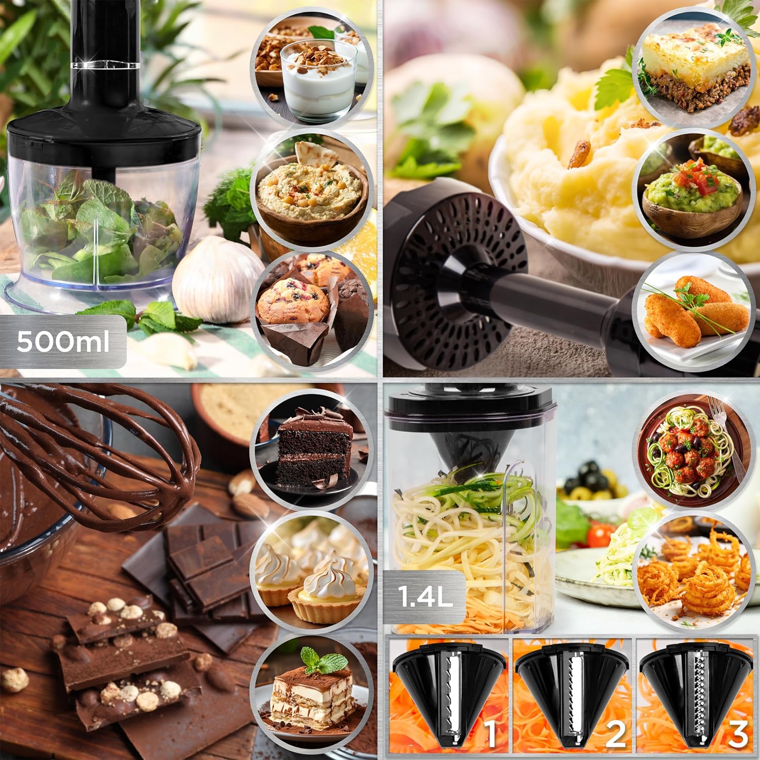 Duronic HB35 Elektryczny blender ręczny imersyjny do zup smoothie koktajli trzepaczka do jajek mikser z blenderem spiralizer do warzyw szatkownica